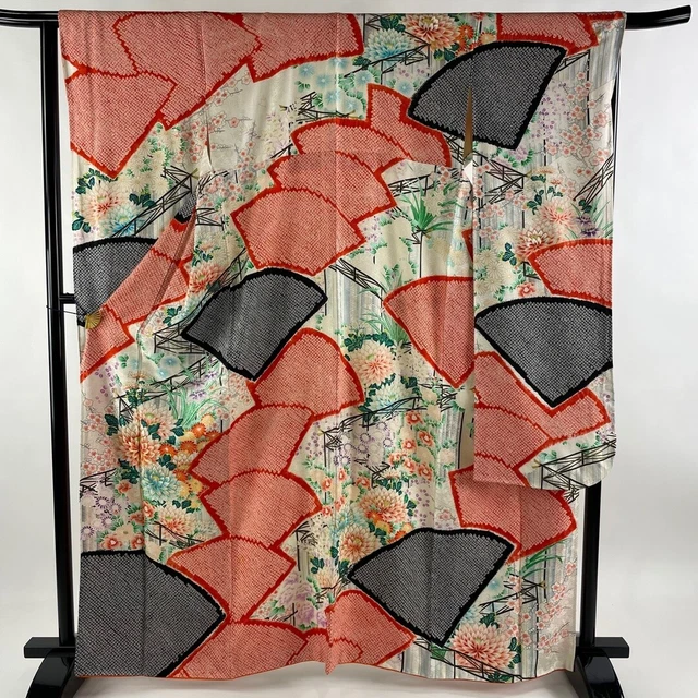 JAPANESE KIMONO FURISODE 164cm 5' 5" PURE SILK VINTAGE ANTIQUE 6559