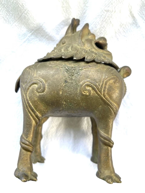 Antique Bronze Unicorn Luduan Censer 7" Qing Statue Insence Burner Ornate Figure