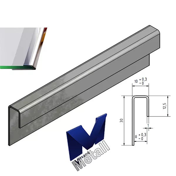 Edelstahl Einfassprofil 2 für 10 mm Glas 1,0mm  1.4301 aussen Schliff Korn 320.