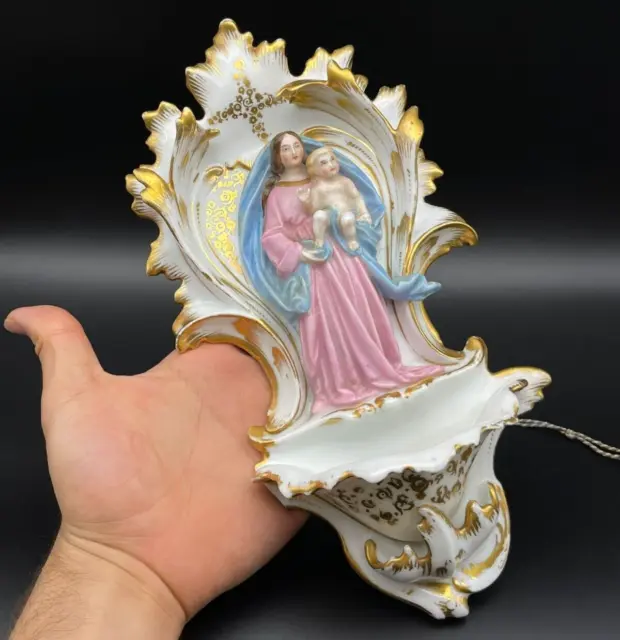 Large Antique French porcelain Holy Water Font Wall Benitier Madonna religious⭐