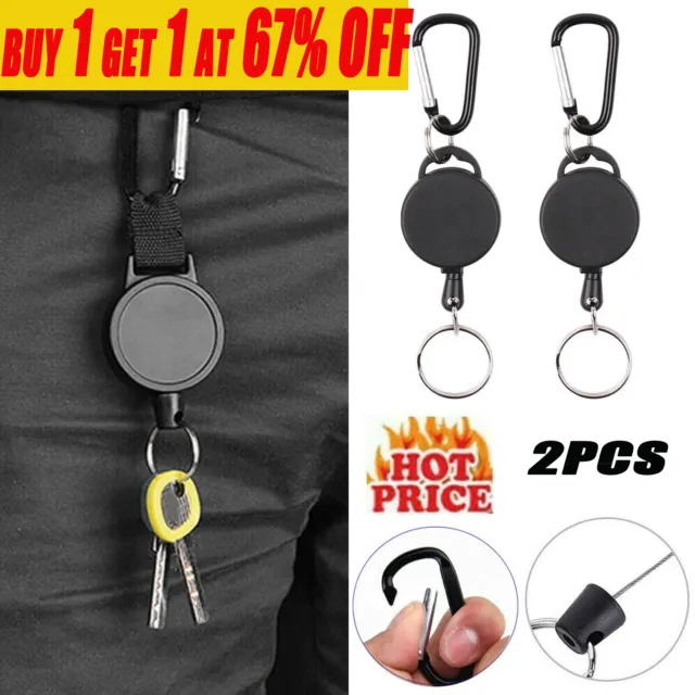2x UK Retractable Stainless Steel Keyring Pull Ring Key Chain Recoil Heavy Duty