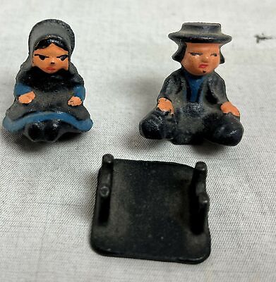 Vtg Set of 3 Wilton Black Cast Iron Amish Boy & Girl & Table Figurines 1.5" Tall