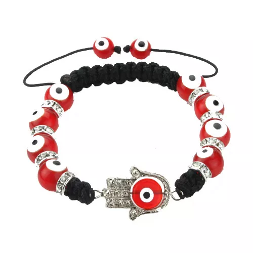 Glass Evil Eye Glass Bead Hamsa Protection Bracelet in Red