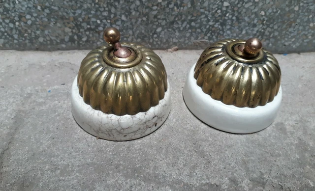 2 Pcs Old Brass & Ceramic Victorian Electric Switches, Britain Made Wandsworth