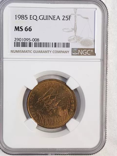 1985 Equitorial Guinea 25 Francs coin NGC Rated MS 66 Top Pop!