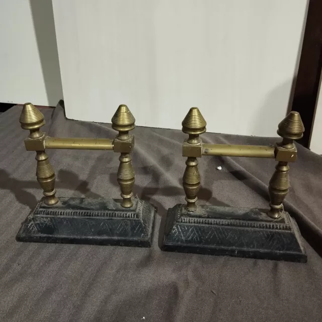 VTG Brass Fire Dogs Andrions Pair of Fire Dogs Tool Rest Boot Scrapers Antique