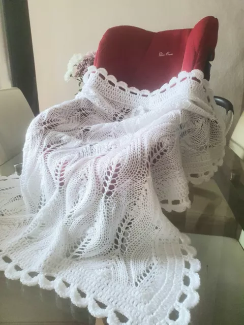 Hand Knitted Baby Shawl Blanket Baby Shower White 31in x 33in New In a Gift Box