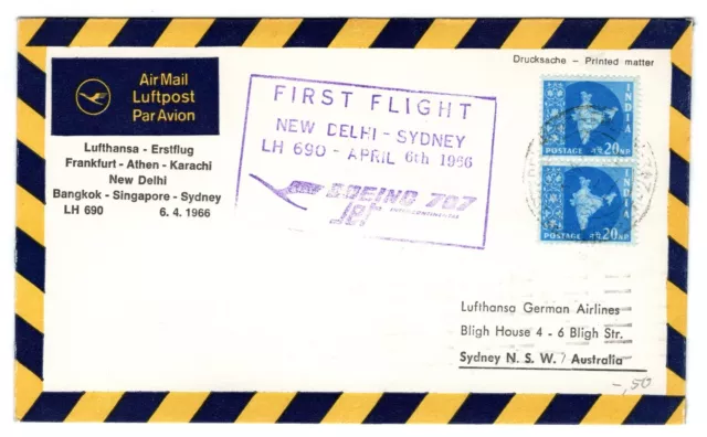 1966 Apr 6th. First Flight Cover. Lufthansa. Frankfurt - New Delhi - Sydney.