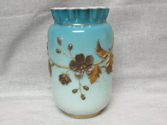 Circa 1880's Victorian Blue White Hand Blown Decorated Art Glass Vase