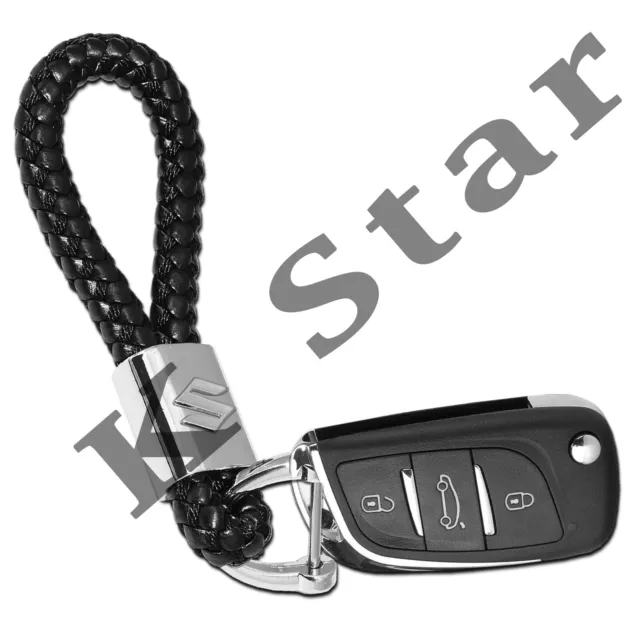 Suz Uki Braided Black Pu Leather Metal Keyring Keychain Key Fob Car Key 2022