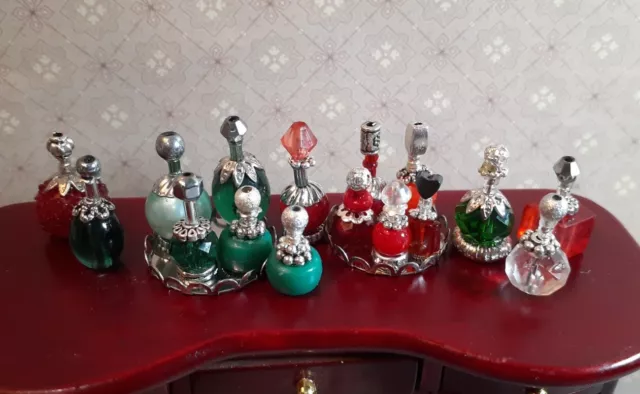 GREEN, RED  SILVER PERFUME Bottles DRESSER Set Vanity Trays Dollhouse miniature