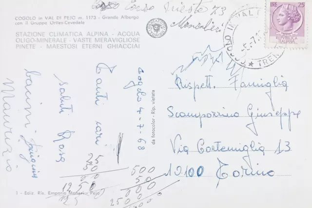 Cartolina - Cogolo in Val di Pejo - Grande Albergo col Gruppo Ortles - 1968 2