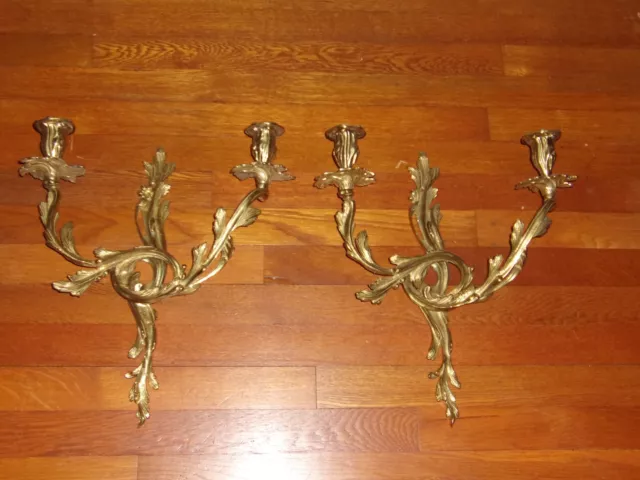 2-Vintage Heavy Brass Ornate French Scrolling Art Nouveau Wall Candle Sconces