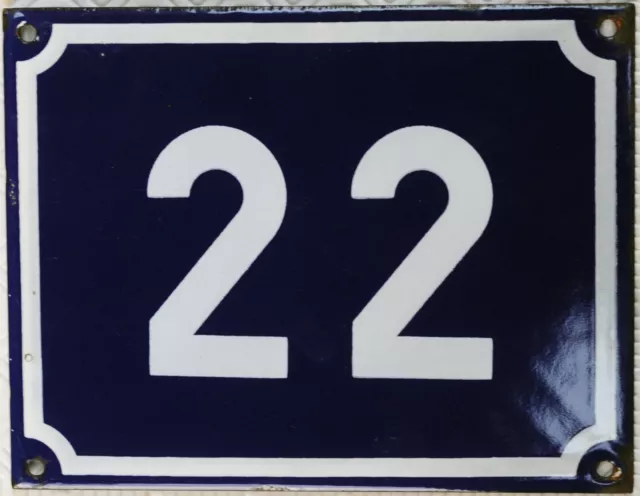 Large old blue French house number 22 door gate plate plaque enamel sign NOS