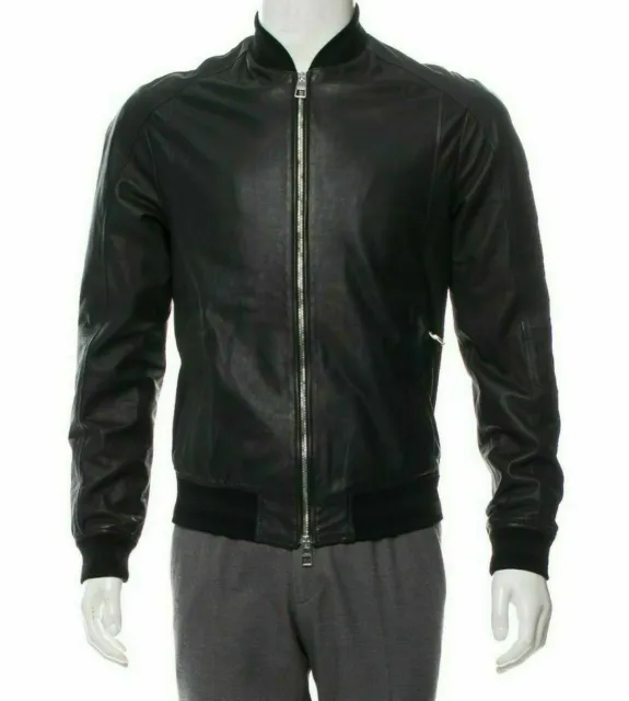 Men Genuine Lambskin Leather Woolen Ribbed Bottom Bomber Black Coat Jacket