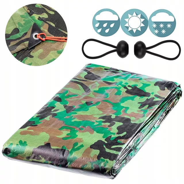 Camo Camouflage Tarpaulin Heavy Duty Waterproof  Cover Tarp Sheet FREE 4 BUNGEE