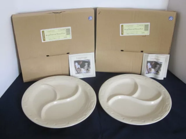 Longaberger Pottery Set of 2 Woven Traditions IVORY DIVIDED DINNER PLATES ~ NIB