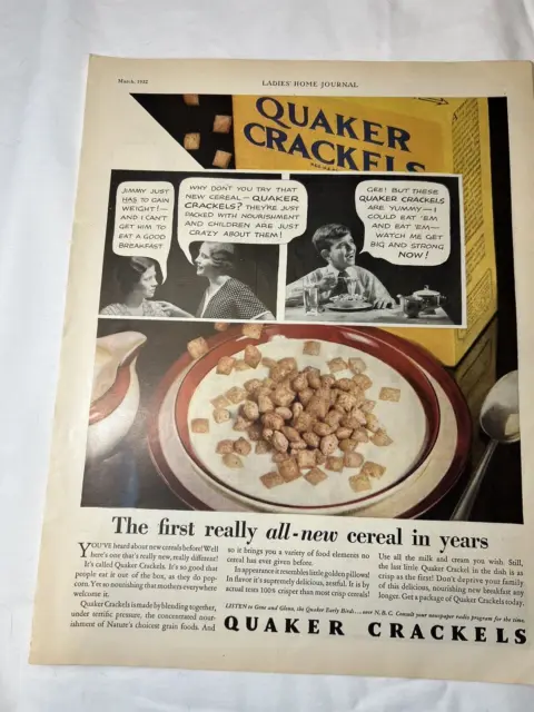 1932 Print Ad Quaker Crackels Cereal Women Boy Eating Cereal