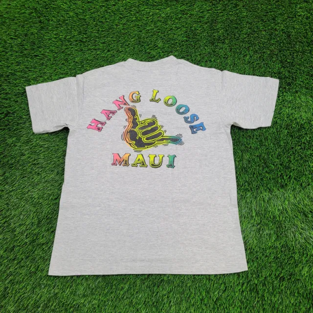 Vintage Hang-Loose Hawaii Maui Shirt M-Short 19x25 Gray Colorful Rainbow-Shaka
