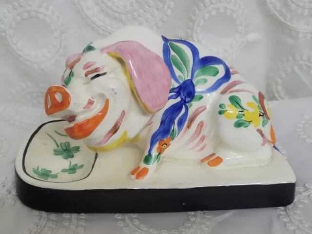 Vintage Czech Ditmar Urbach? Painted Floral Clown Like Pig Trinket Dish READ Vintage Czech Ditmar Urbach? Painted Floral Clown Like Pig Trinket Dish READ