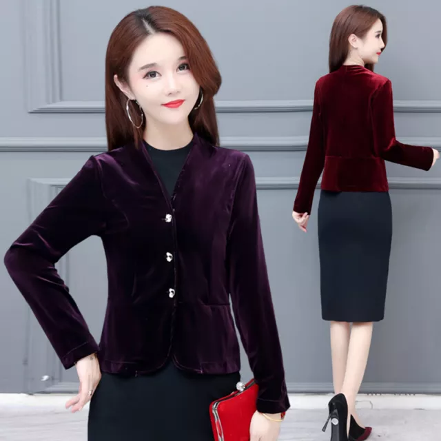 Ladies Retro Short Pleuche Blazer Suit Velvet Jacket Coat V-neck Party Fashion