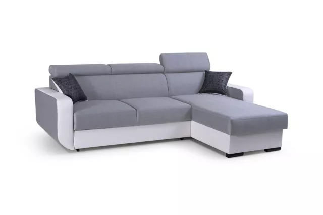 Ecksofa mit Schlaffunktion und Bettkasten Polsterecke Couch PEDRO Hellgrau Weiß