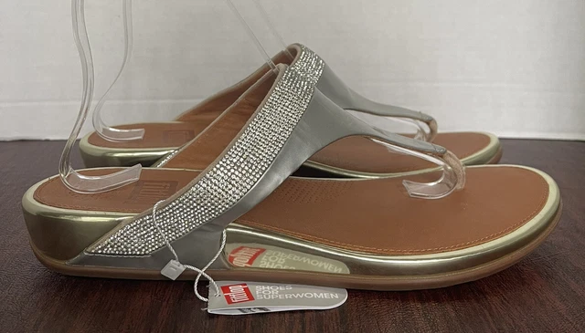 NEW FITFLOP BANDA MICRO-CRYSTAL TOE-POST Pale Gold LEATHER THONG Sandals Sz 10