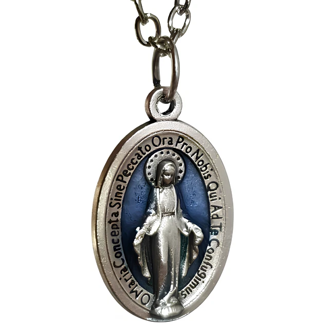 OUR LADY OF the Miraculous Medal Pendant 18" Necklace Blue Enamel Made ...