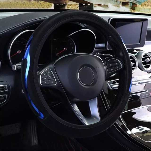 Car Steering Wheel Cover Blue Leather Anti Slip Protector For 15"/38cm Universal