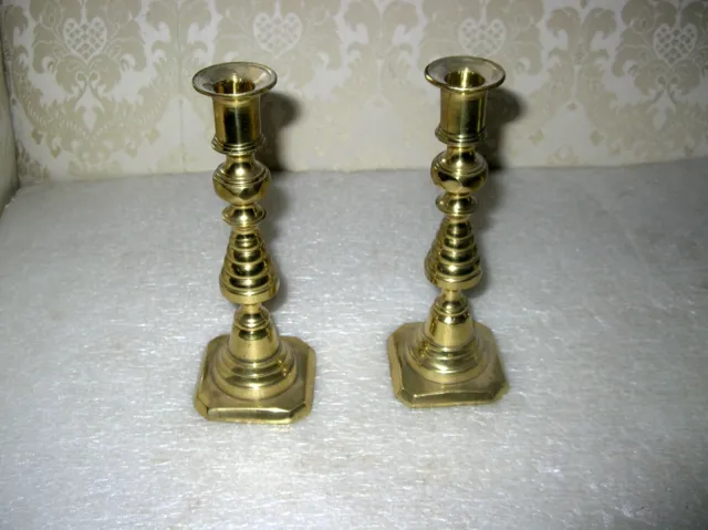 Pair 19Th Century Beehive Push Up  Brass Candlesticks/Candleholders