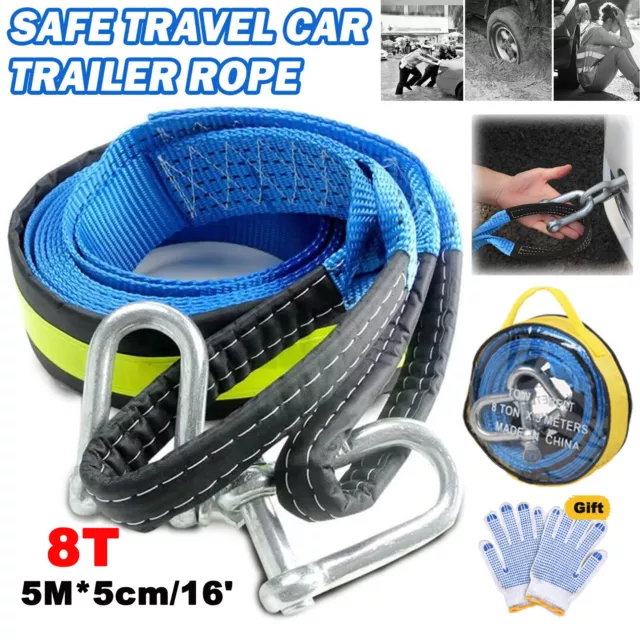 8 TON 5M Tow Towing Pull Rope Strap Heavy Duty Road Recovery Car Van w/ Hooks