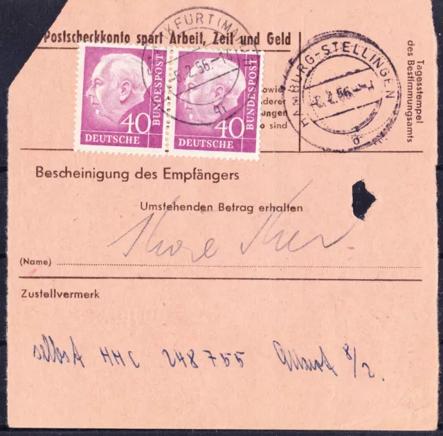 Bund Heuss I, 40 Pf Mi. 188 waager. Paar auf Paketkarte (Brief) MiF gestempelt