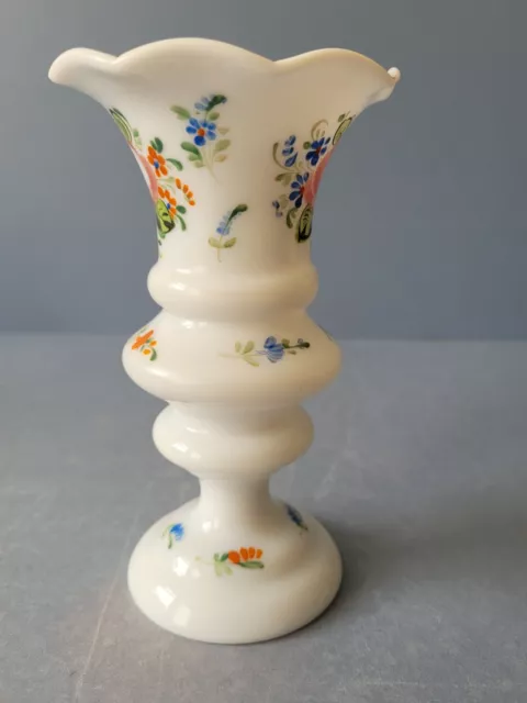 Victorian Milk Glass Vase Hand Blown & Painted Wavey Rim. 2
