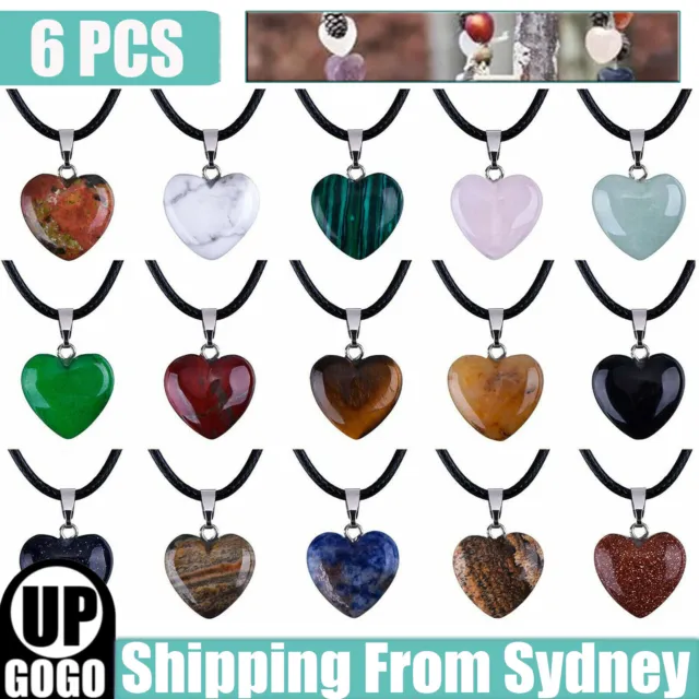 6PCS Heart Gemstone Natural Quartz Crystal Healing Chakra Stone Pendant Necklace