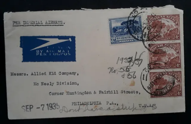 1935 South Africa Airmail Cover ties 4 stamps cancelled Port Elizabeth