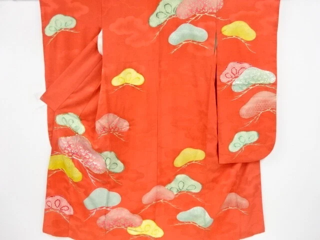 83001# Japanese Kimono / Antique Furisode / Embroidery / Pine
