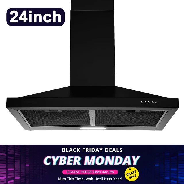 SNDOAS 24 inch Wall Mount Range Hood 450CFM Kitchen Stove Vent Black w/LED