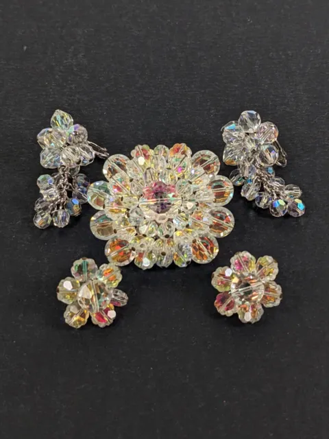 Vintage AB Crystal Beaded Cluster Brooch and Clip on Earrings Set Two Pairs