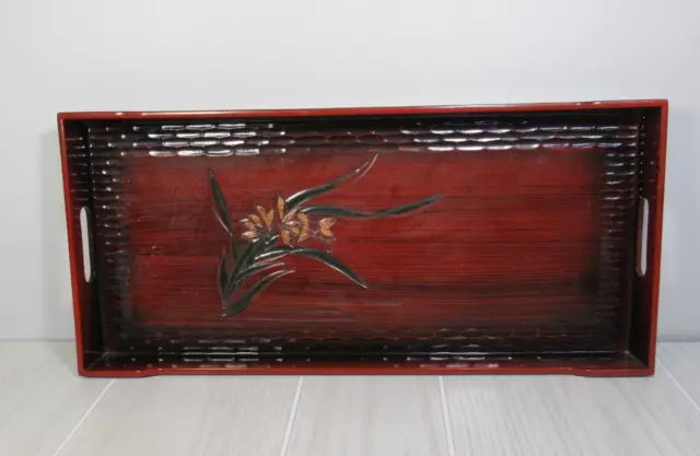 JAPAN Lacquer Ware Serving Tray Red Stain Carved Flowers Barware vintage