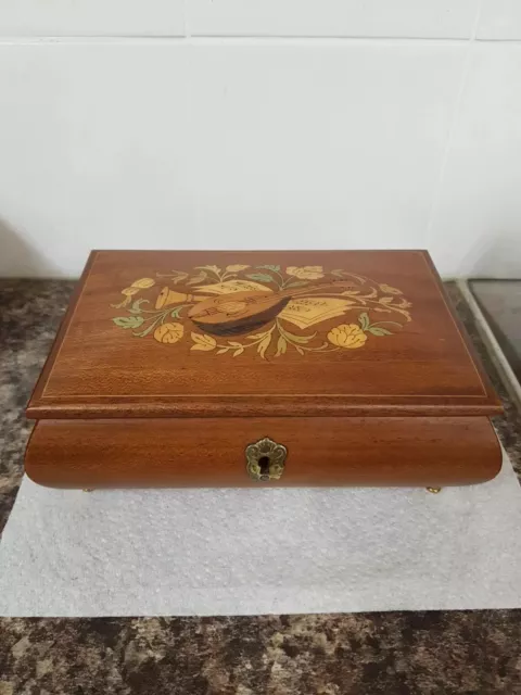Vintage Italian Inlaid Mandolin Wooden Jewellery Music Box Plays Isle of Capri