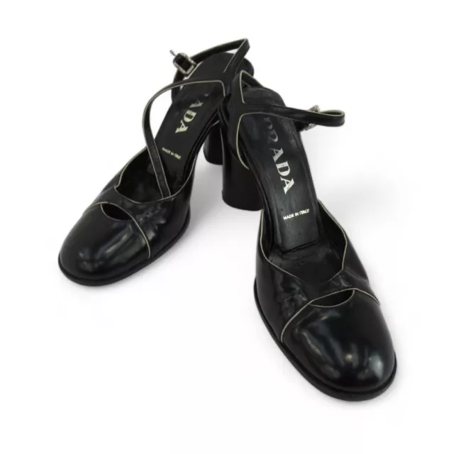 Vintage Prada Mary Jane EU 35 Black Block Heel Leather 90's Ankle Strap Designer