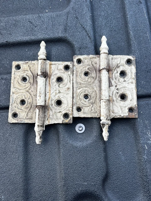 Vintage Pair fancy ornate Victorian age door hinges 4” unique stamp w old paint