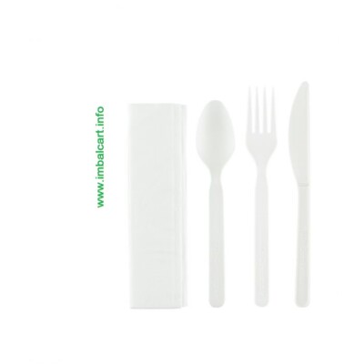 TRIS FORCHETTA COLTELLO CUCCHIAIO, BIANCO 50 KIT POSATE IN PLASTICA IN SACCHETTO CON TOVAGLIOLO 30x30 CM 