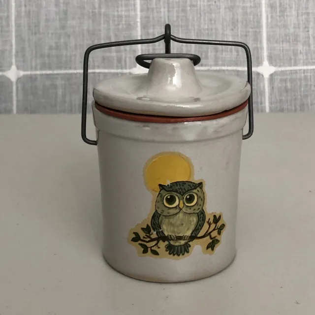 Crock Stoneware Butter Cheese Owl Print Gray Wire Bail Lid Seal Container Vtg