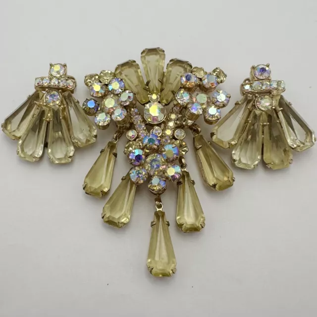 Rare Vintage Juliana D & E Yellow Ab Rhinestone Brooch & Earrings Set