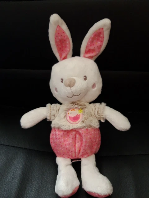 Doudou lapin blanc rose beige pois oiseau MOTS D'ENFANTS