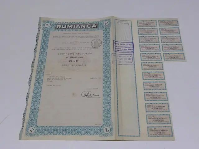 Certificato Nominativo Per 2 Azioni Societa' Per Azioni Rumianca Torino 1964