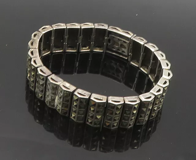 925 Sterling Silver - Vintage Sparkling Marcasite Panel Chain Bracelet - BT7289