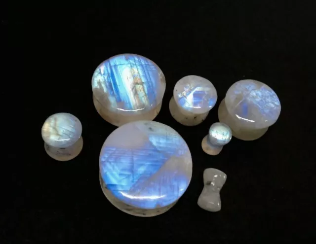 Pair Rainbow Moonstone Double Flare Plugs Earrings Gauges Tribal Body Jewelry