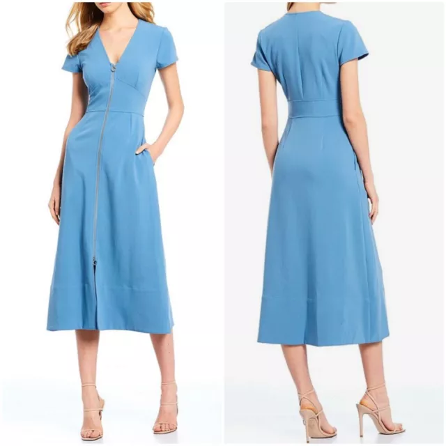 JILL STUART Women's Size 4 Blue Wedgewood Exposed Zip Front A-Line Midi Dress